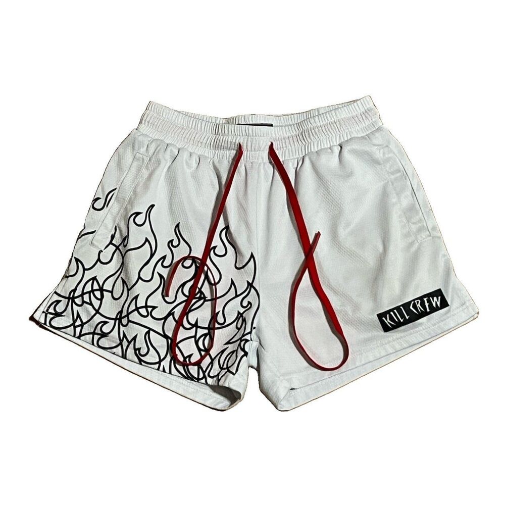 KILL CREW Men’s Activewear Shorts White Red Muay Thai Flame Mid Thigh Cut Sz L